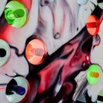 Graffiti Wine glass wall art painted for a modern in wall wine bottle holder, illuminated by LED lighting in bold eye catching colours.